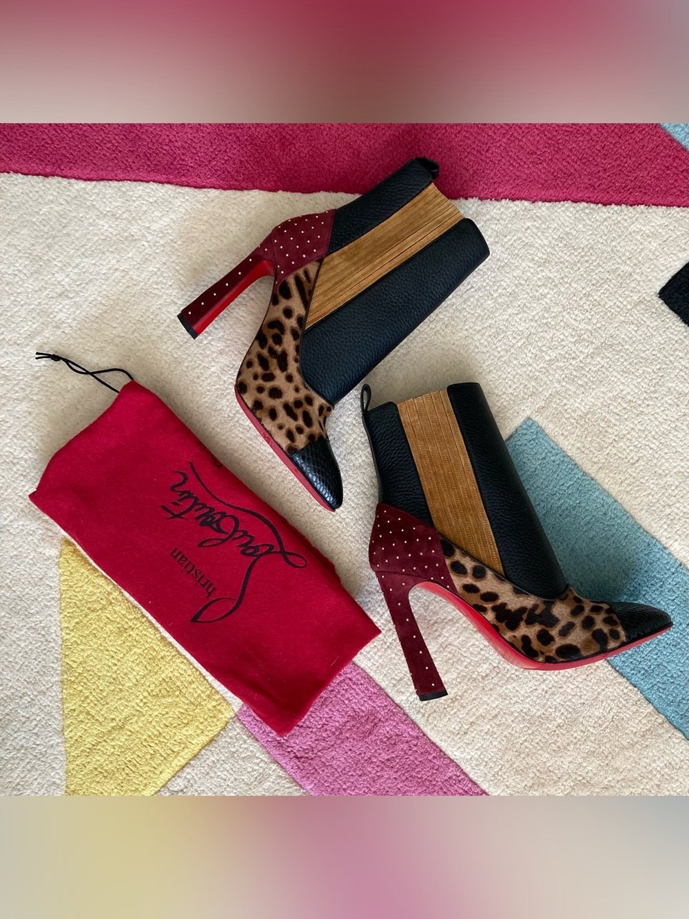 NEW Christian Louboutin Me In The 90s Leopard Red Black Leather Ankle Boots 37.5